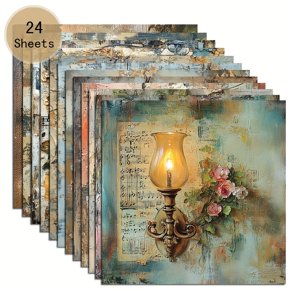 TEMU 24 Sheets Of 6*6 Inch Vintage Oil Lamp Oil Painting Scrapbook Thin Paper, Suitable For Collage, Diy Paper, Scrapbook, Bullet Diary, Greeting
