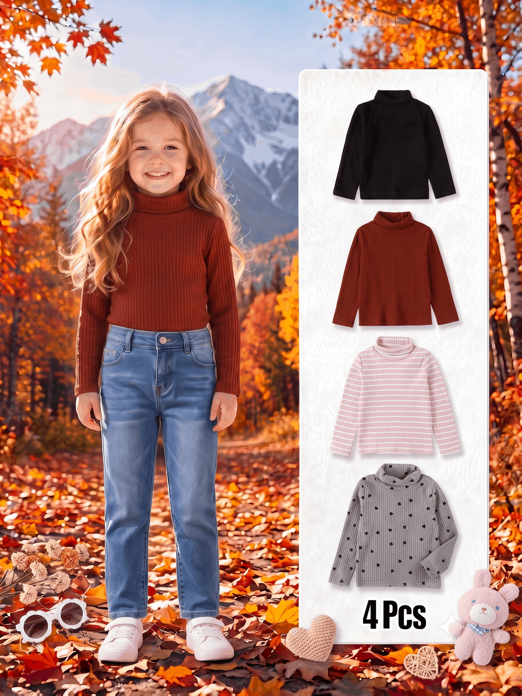 4pcs Girls' High-Neck Stylish Pullover Sweater Set, Autumn/Spring