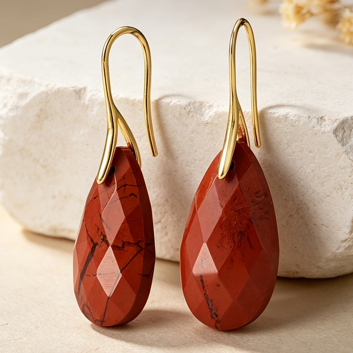Long Teardrop Red Jasper Pendant Earrings, Vintage Bohemian Style