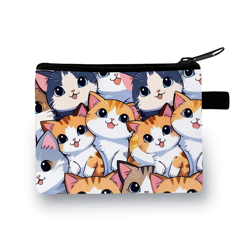 Cute Kitten Print Coin Purse, Ladies' Lipstick And Earphone Small Item Pouch