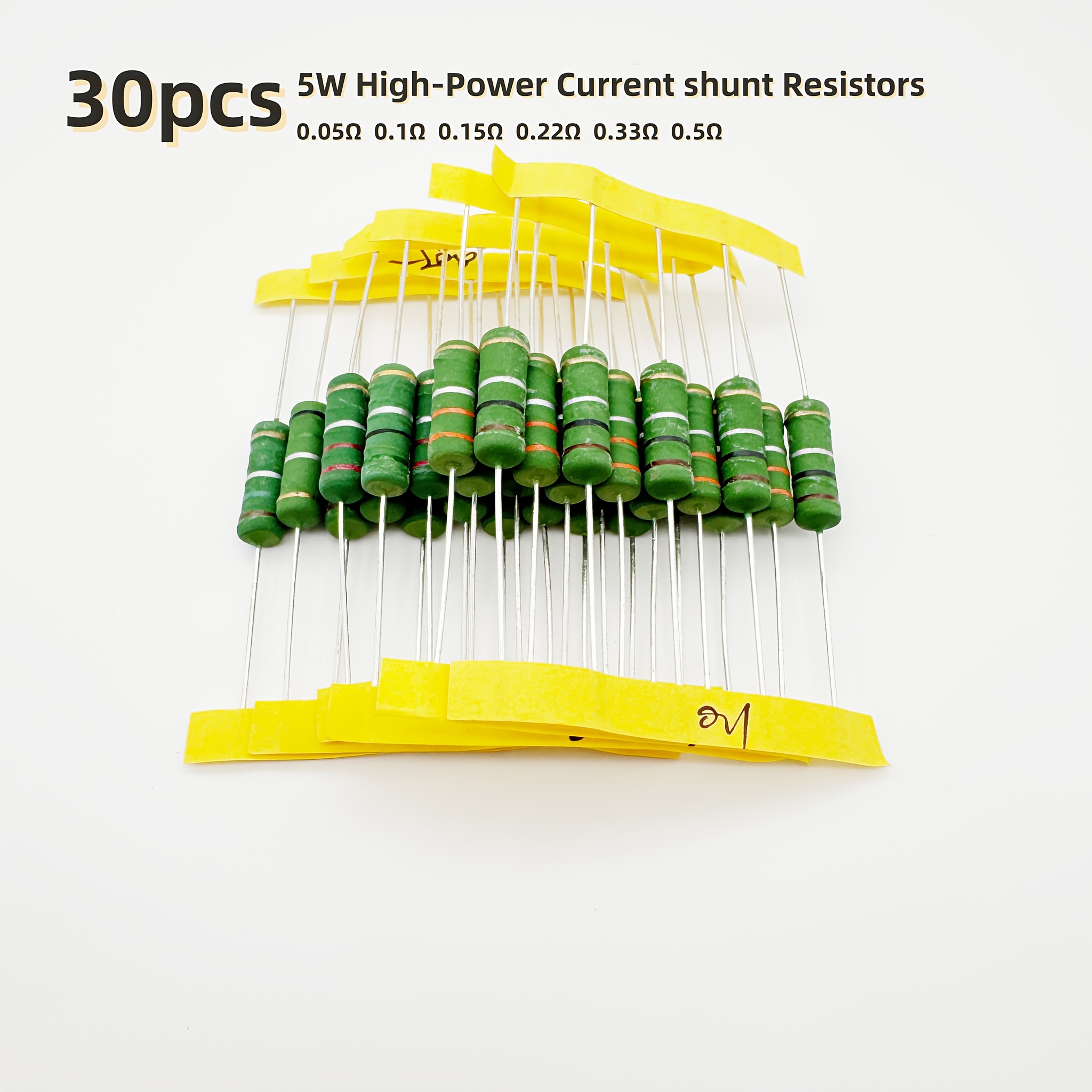 30pcs 5w high     resistor kit 0 05ohm 0 1ohm 0 15ohm 0 22ohm 0 33ohm 0 5ohm 5 tolerance with storage box for bms automotive industrial control