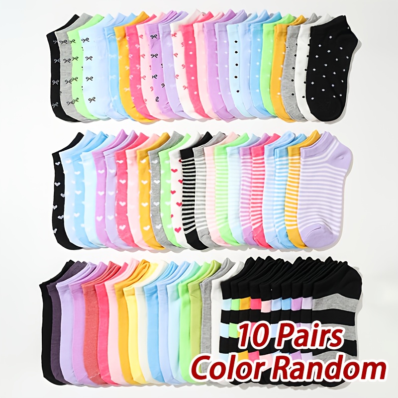 Random 10 Pairs Of Colors Girls' Short Socks, Comfortable And Breathable Athletic Socks, Fashionable Versatile Girls' Socks, Suitable For Daily Wear