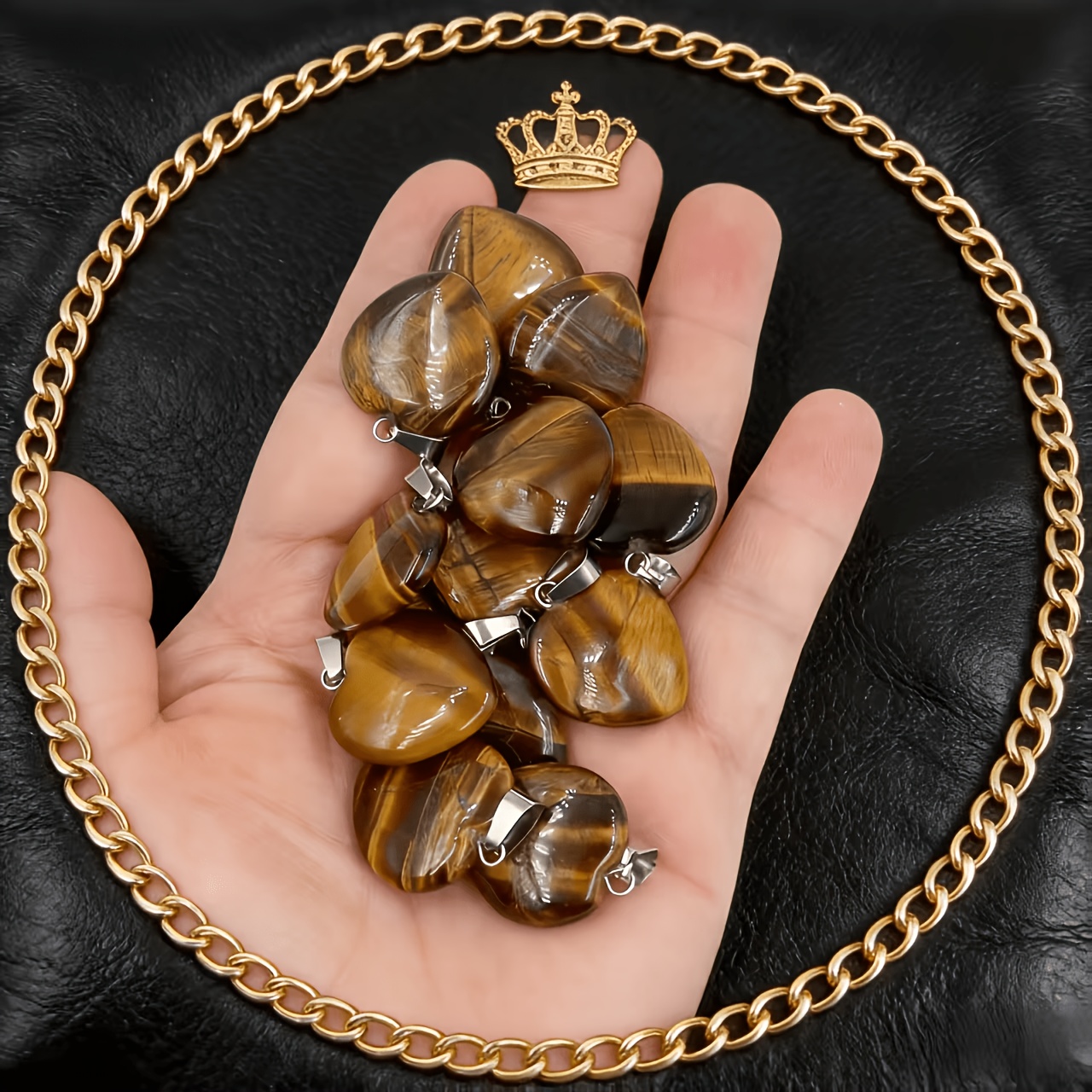 12pcs Set Natural Tiger Stone Heart-Shaped Pendants