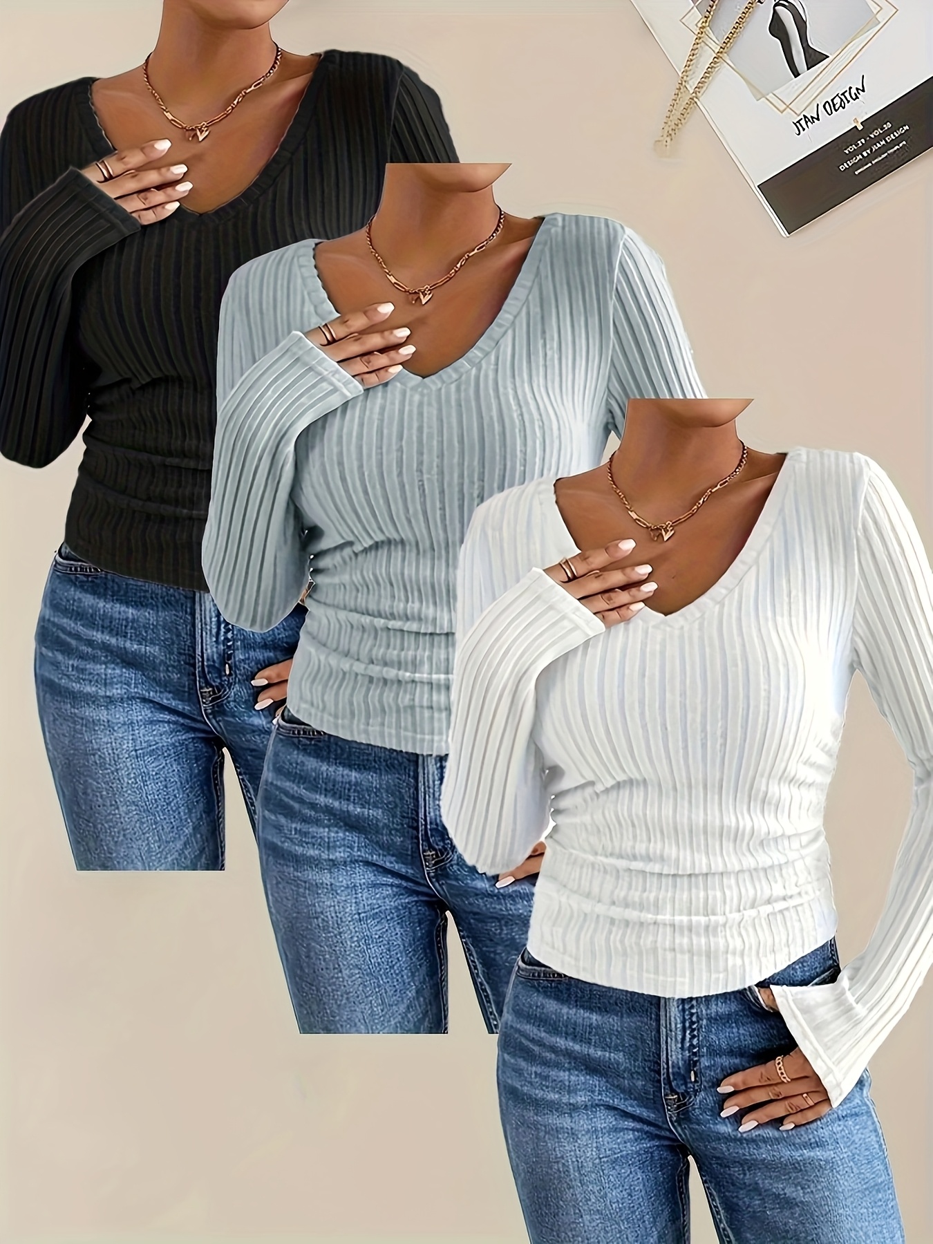 Moda Casual Franelas De Dama Unidades Camisetas Larga Cuello Color