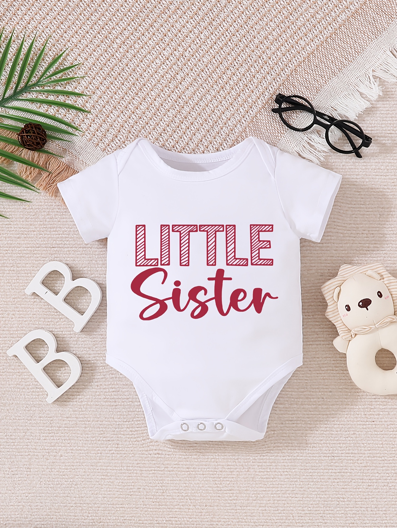 adorable little sister letter print onesie for baby girls soft polyester machine washable newborn onesie   outdoor white 0
