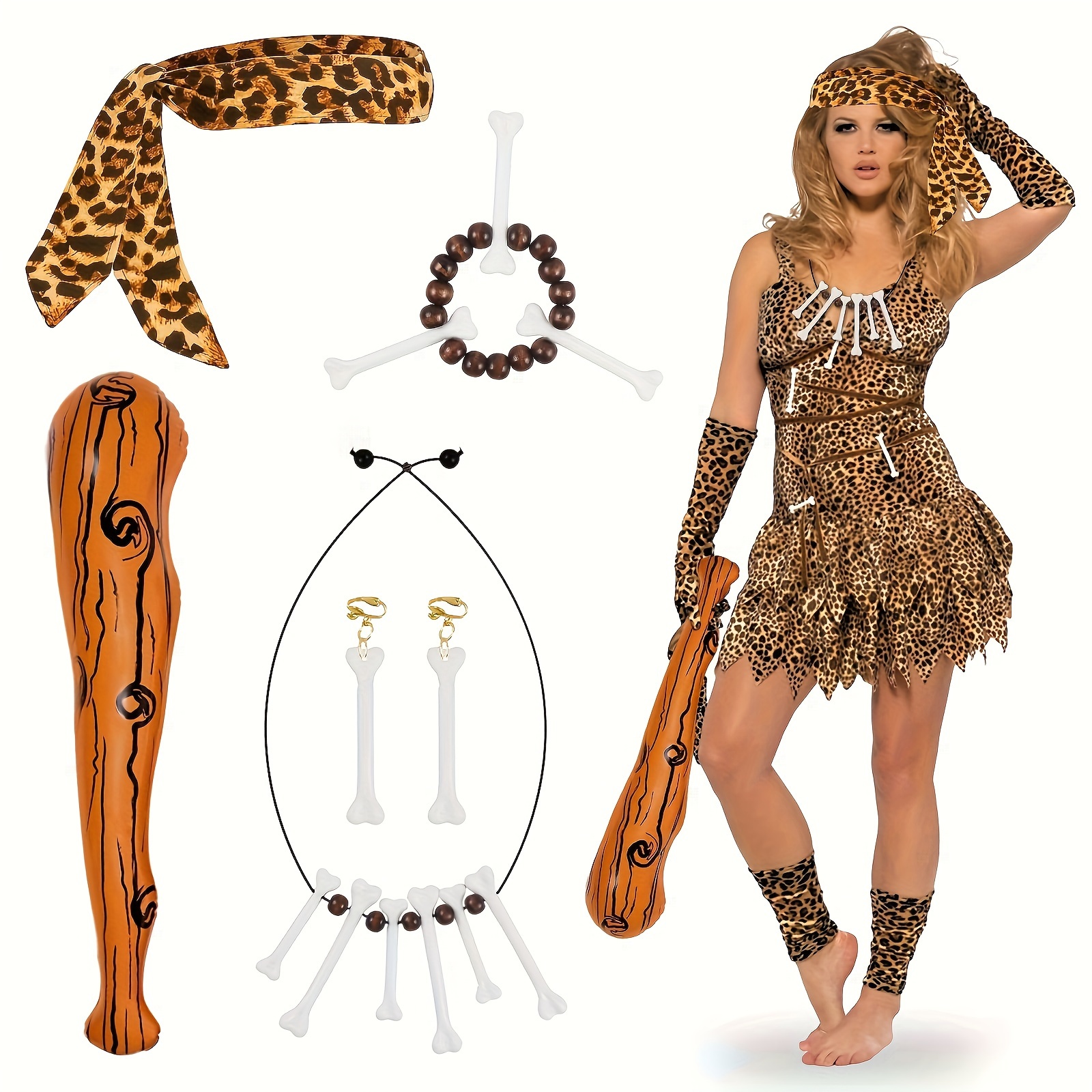 

5pcs Costume Set - Leopard Print Dress, Inflatable , Bone Jewelry, Headband & Accessories - Plastic Halloween Outfit For , Book Week & Themed Parties