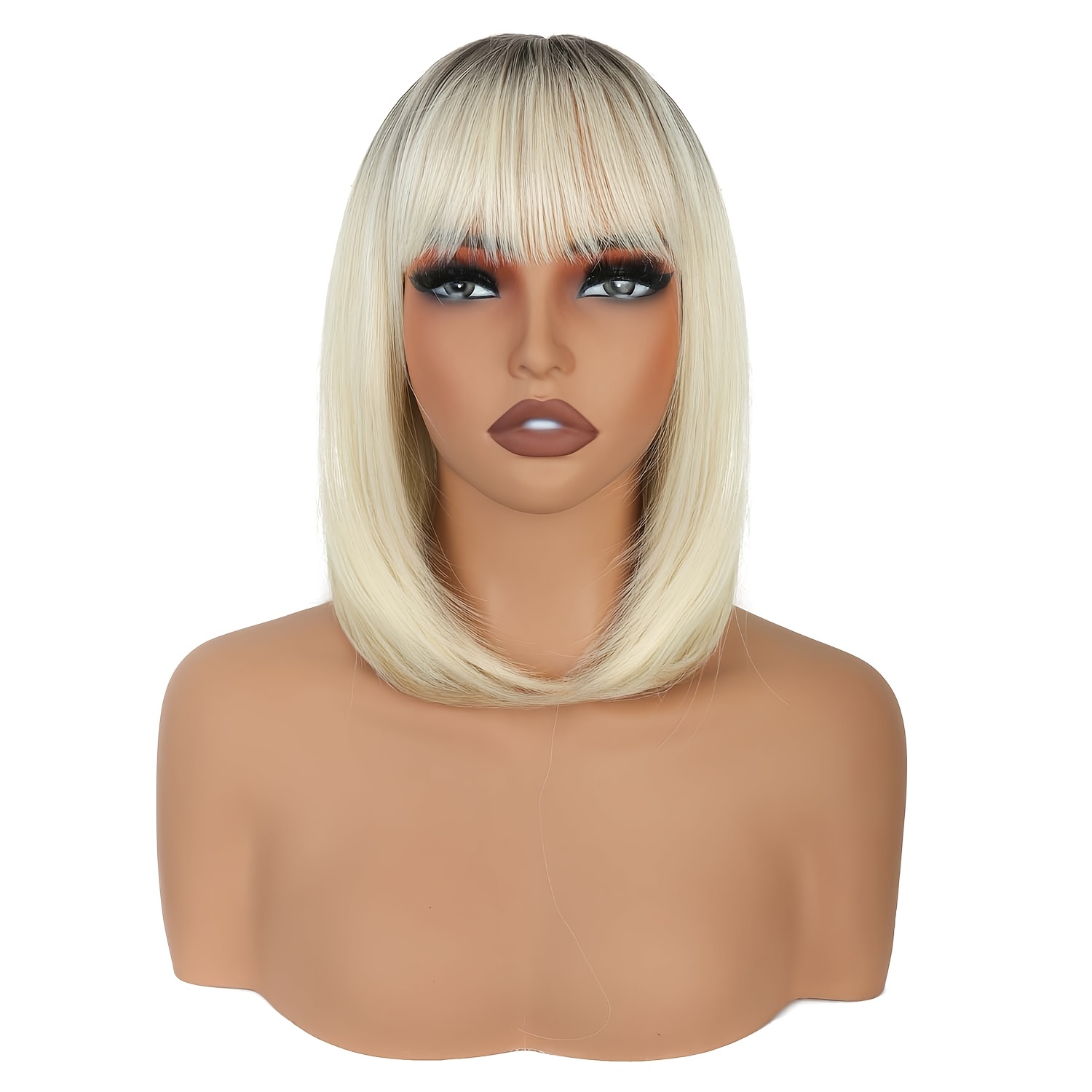 TEMU 14 Inch Platinum Highlight Blonde Wig, Dark Root Wig For Women, Short Straight Bob With Bangs, Heat Resistant Synthetic Hair, Trendy Style For Daily, Party, Cosplay, And Photoshoot