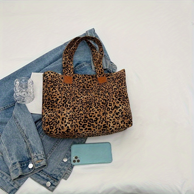 chic leopard print canvas tote bag for women spacious shoulder handbag with zip closure nylon lined details 0