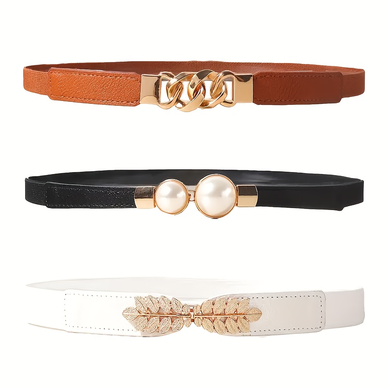 Vintage Stretch Waist Belt Set with Gold Buckle - Elastic Skinny Belts JASGOOD 2 Pack Women Stretchy Waist Belt Retro Elastic  main image 4