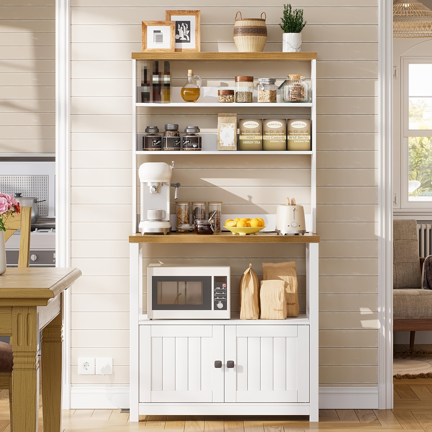 160cm High Sideboard, Multifunctional Kitchen Cabinet With Cabinets And Multiple Shelves, Spacious Dining Cabinet With Countertops