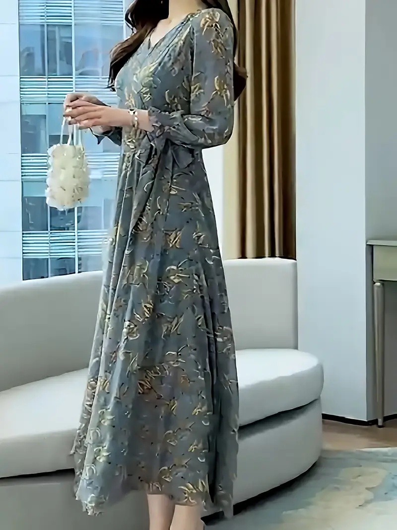 elegant long sleeve floral midi dress vintage style v neck - Temu elegant long sleeve floral midi dress vintage style v neck - Temu