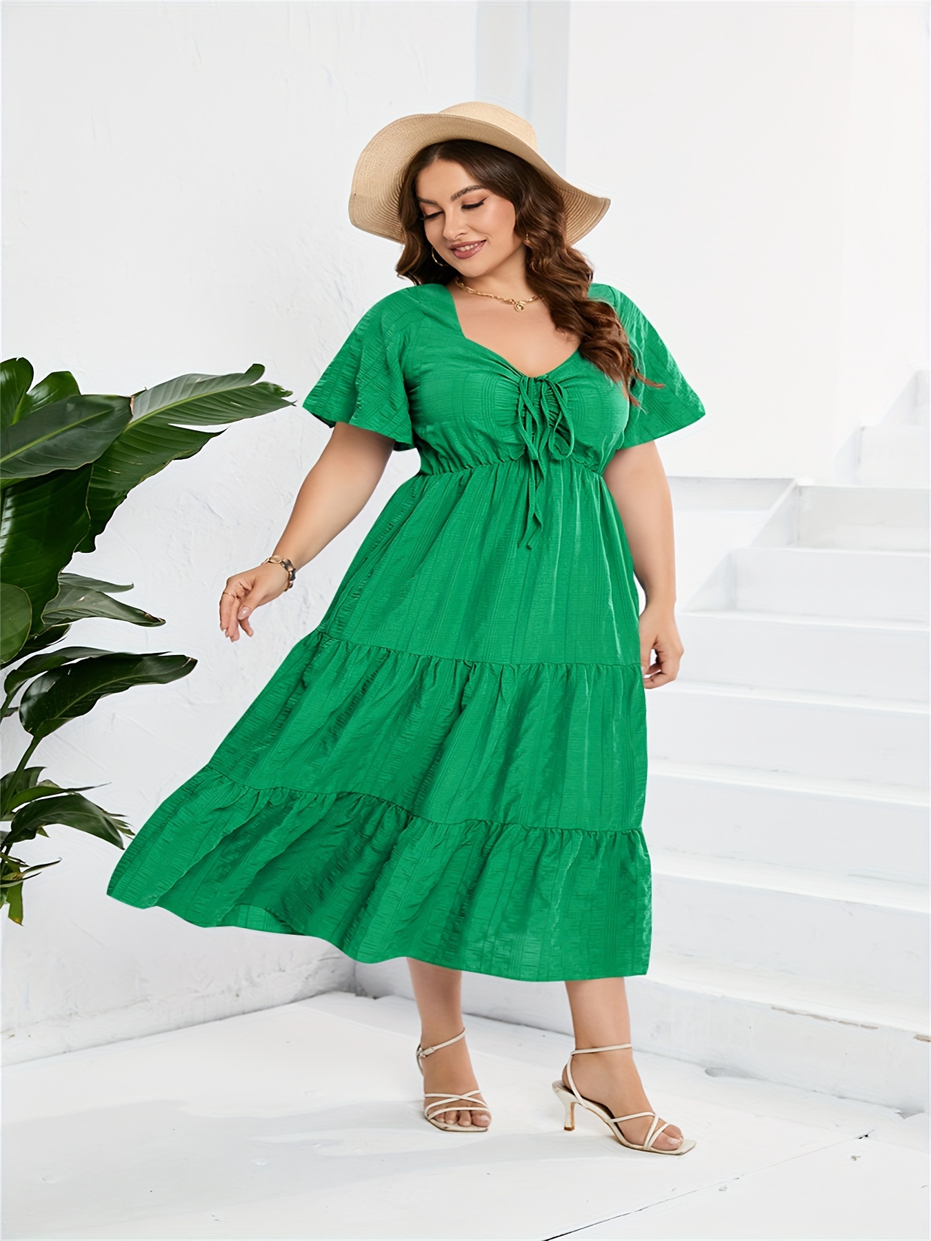 Plus Size Solid Tiered Drawstring Dress Elegant Cinched - Temu