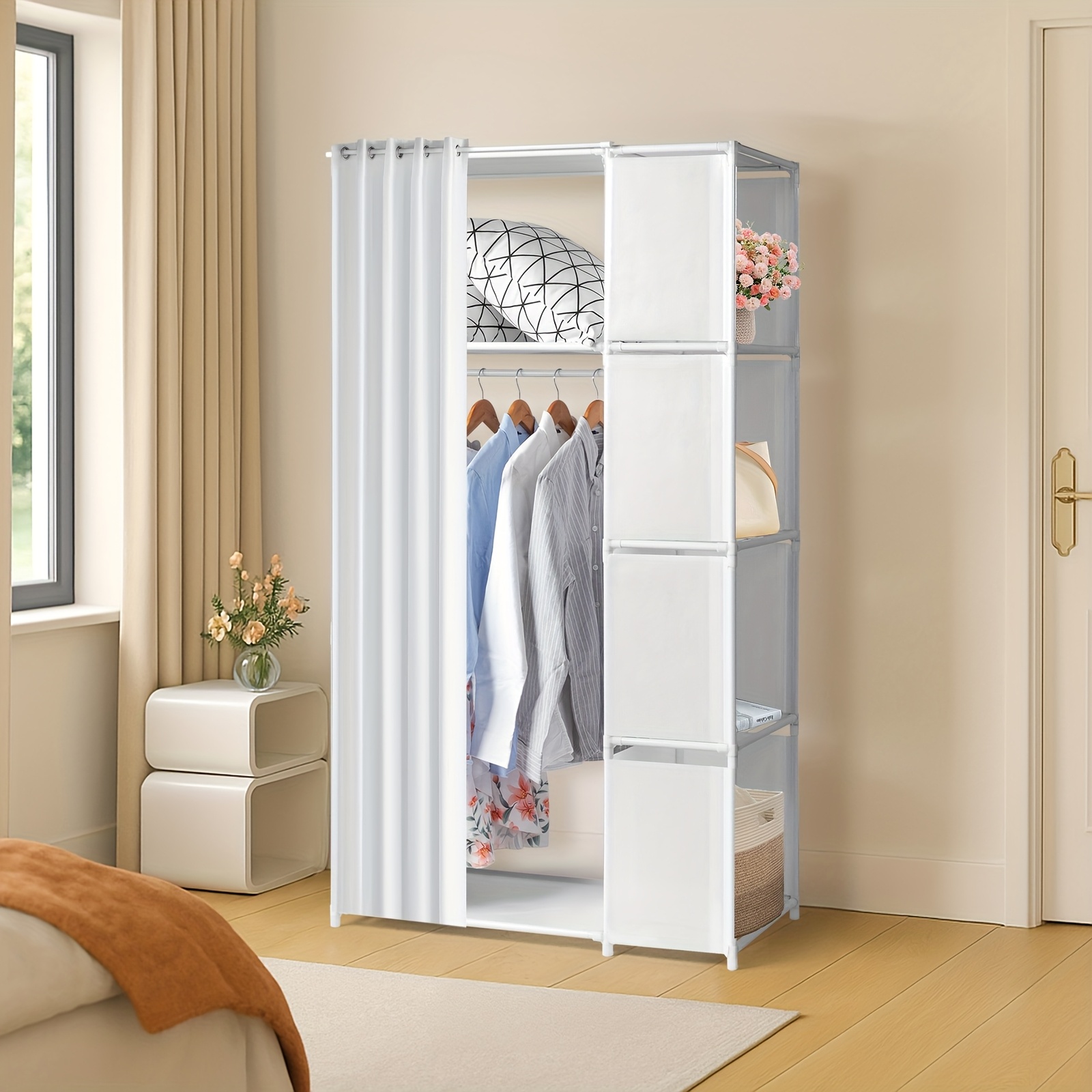 E-shop Tragbarer Kleiderschrank mit 4 Schubladen, 4 Regalen und 3 Kleiderstangen, hoher Pullover-Organizer, stabiler, freistehender