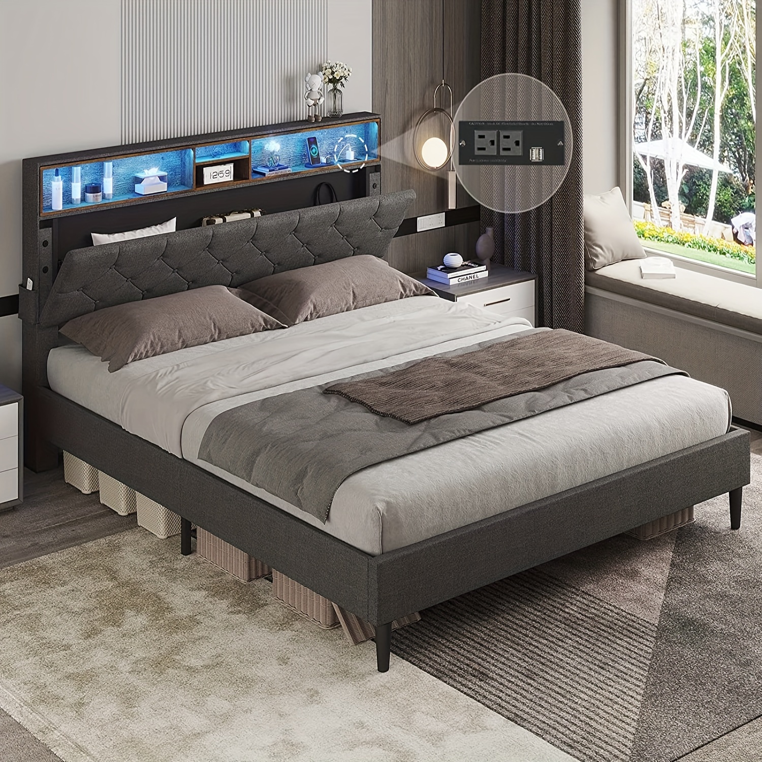 

Platform Bed Frame With Led Lights & Power Outlets, Full Size Bed With Headboard Hidden Storage & Shelves, No Box Spring Needed, Gray