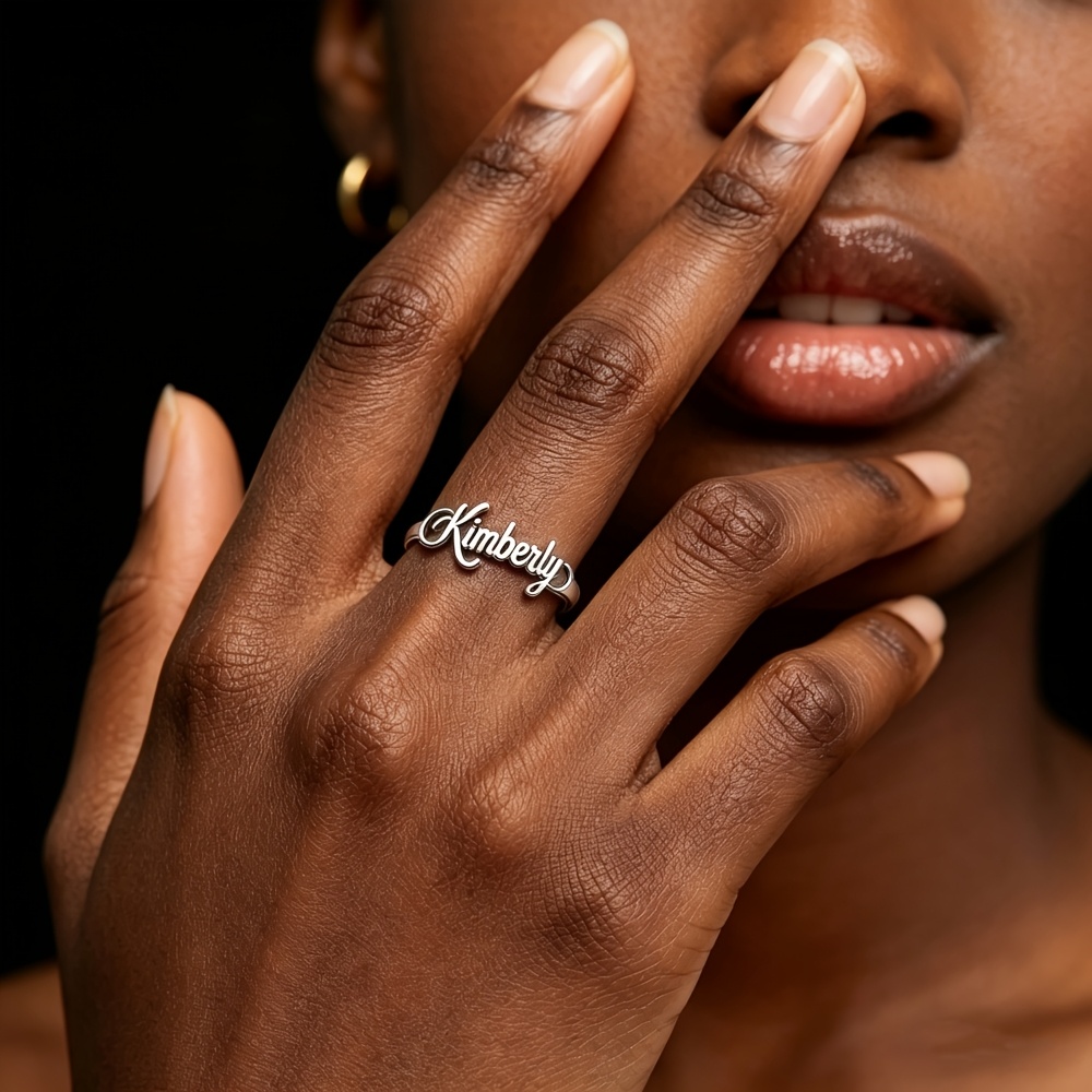 TEMU Custom Script Name , Personalized Cursive Name Adjustable Ring, Stainless Steel Nameplate Elegant Silvery Ring, Minimalist Jewelry, Perfect Gift
