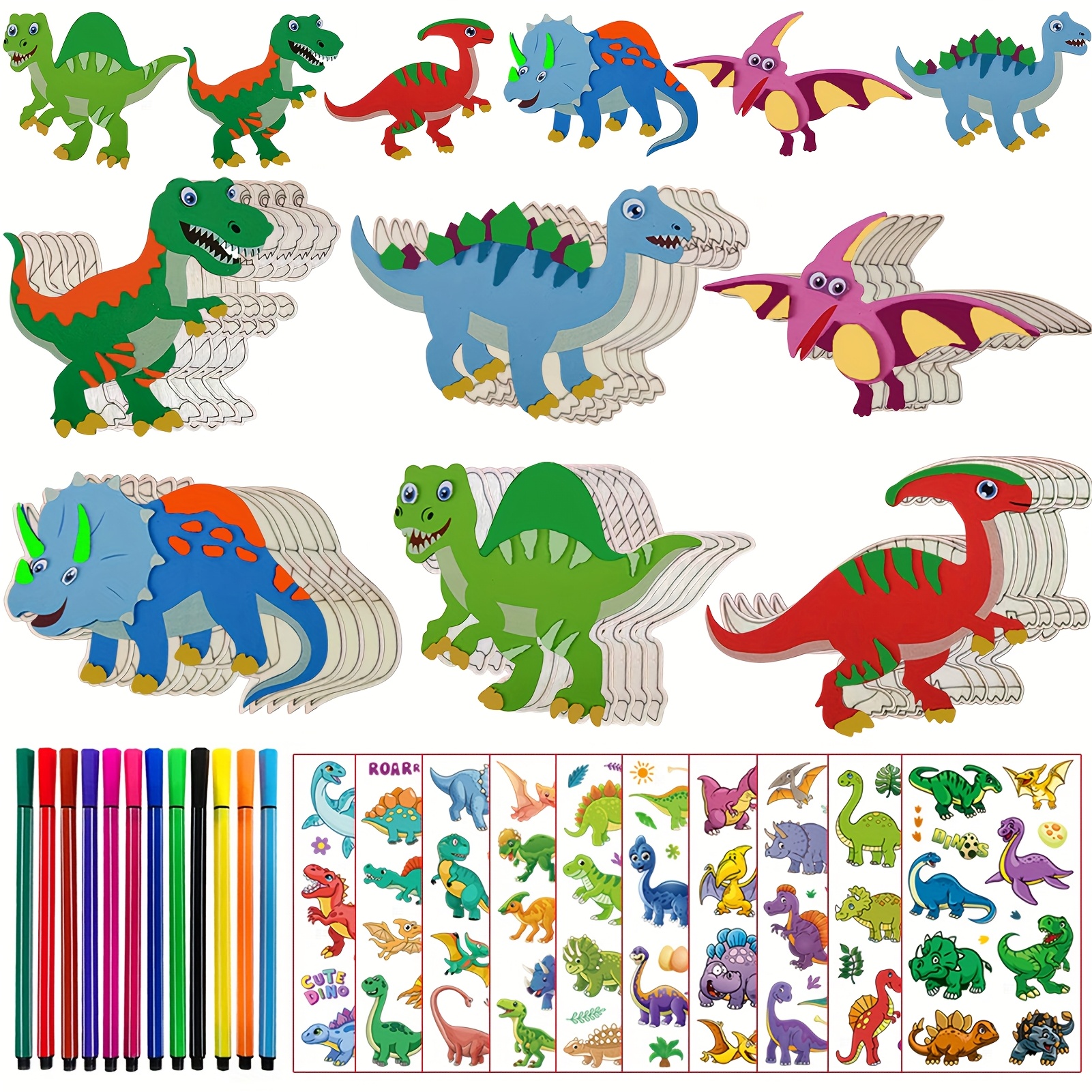 

44pcs Dinosaur Craft Kit For - 6 Unique Wooden Diy Projects, Colorable & Paintable Dinosaur Figures With Gift Tags - Ideal For Birthday Party Activities & Home Decor - Colors, Dinosaur Toys