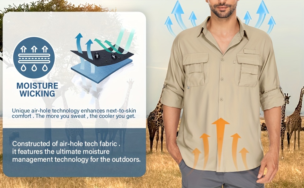 Men'S Summer Outdoor Sun Shirt, Quick Dry Lightweight Breathable Cooling Work Shirts, Long Sleeve UPF 50+ UV Protection Work Wear, Casual Button Cargo Shirts With Pocket, Lapel Collar, Regular Fit For Fishing, Hiking, Safari, Beach, Everyday Use