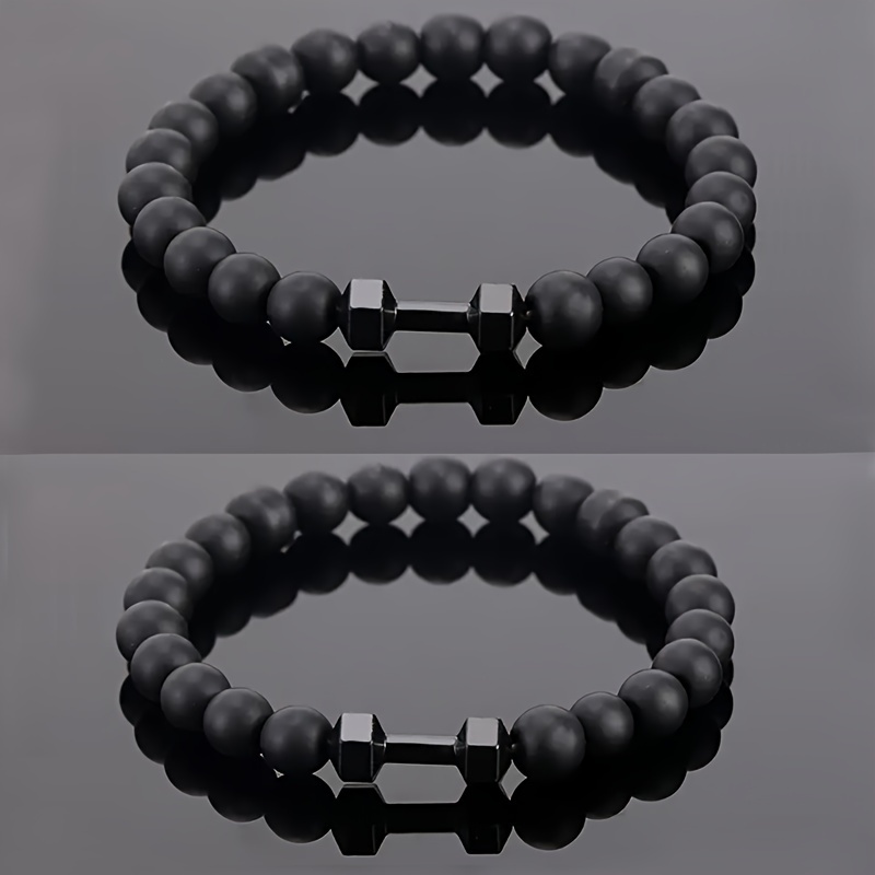 

2pcs 8mm Black Elastic Stylish Frosted Bead Dumbbell Bracelet For Men Women, Paired With Dumbbells, - Perfect Gift For Fitness Enthusiasts