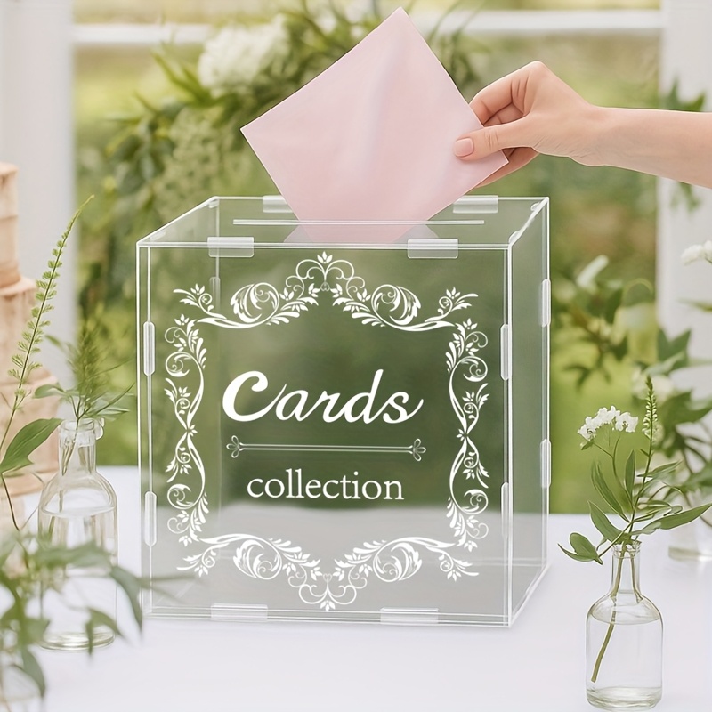 Caixa de cartão de casamento em acrílico elegante com design floral - Caixa retangular rústica para entrega de convites, chá de casamento e decoração de recepção, suporte de plástico durável para cartões de presente para casamentos, aniversários, festas, decorações de casamento, acessório de festa,     decorativos, artesanato intrincado, decoração de aniversário, construção  , planeadores de  