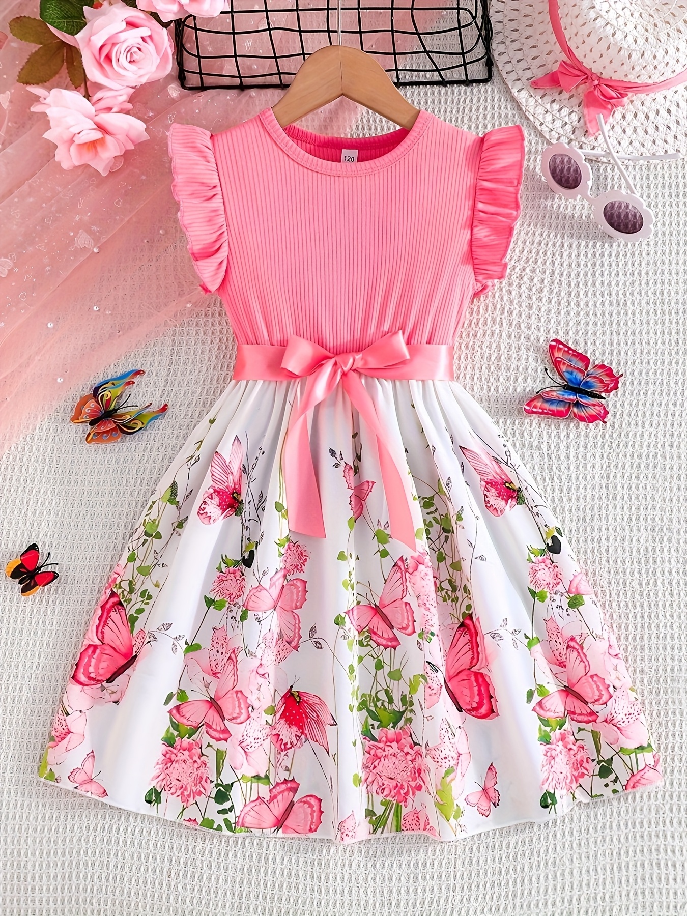 girls   print   round neck flounced sleeve dress with belt christmas valentines day dress   gifting holiday parties   vacation outdoor casual wear