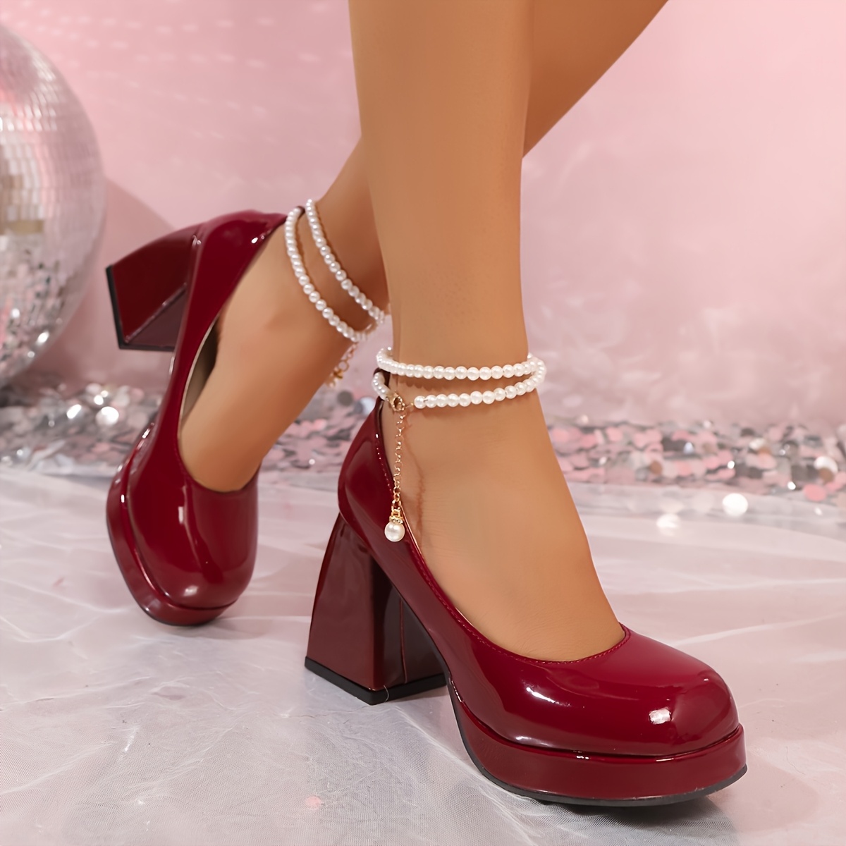 Women'S Elegant Red High Heels with Chunky Platform Heel, Glossy Synthetic  Cover Pumps, Ankle Strap Accents Versatile Dress Shoes for Parties, 