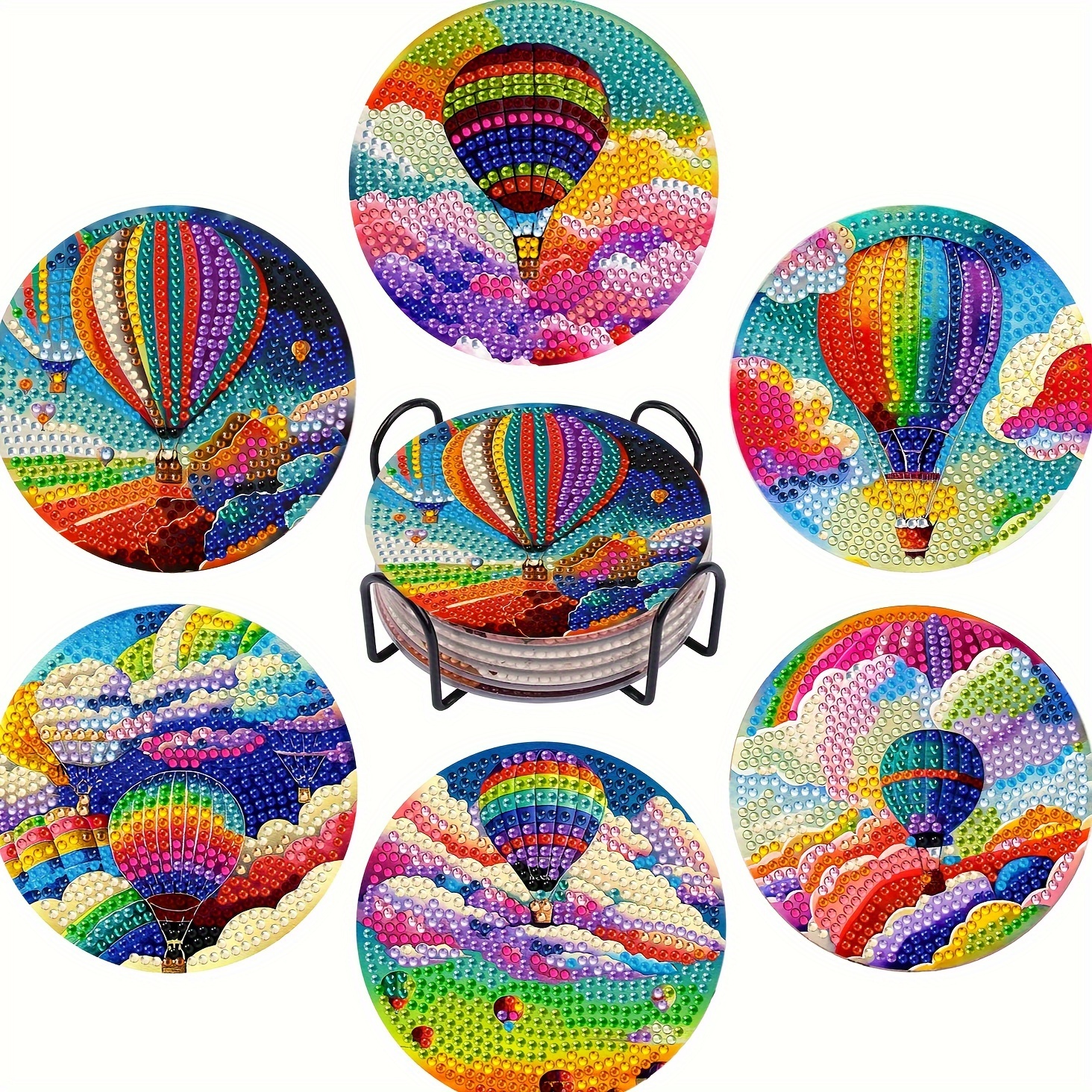 

6pcs Diy Diamond Painting Coaster Set With Stand - Hot Air Balloon Design, Full Drill Round Gem Art Kit For Adults & Beginners, Craft Gift Idea