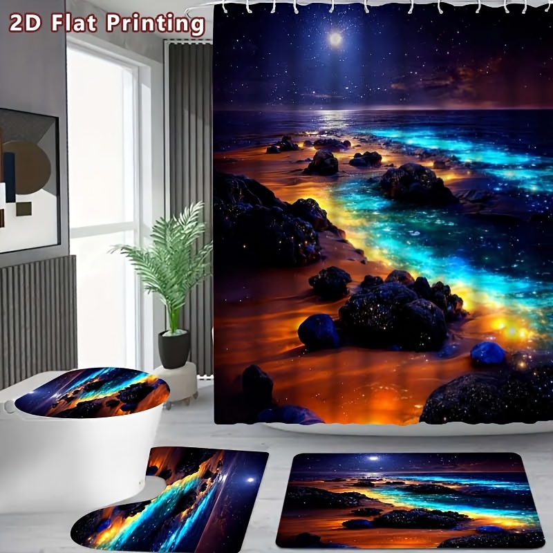 4pcs Ocean Night View Shower Curtain Set with U-Shaped Pad