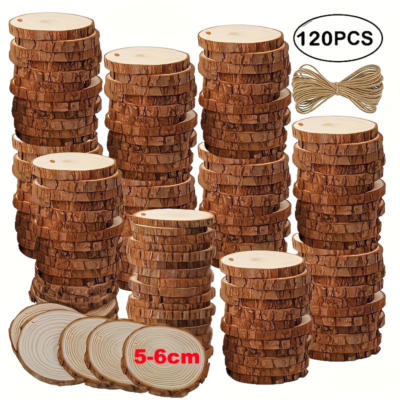 TEMU 120 Stück Natürliche Holzscheiben mit Rinde – Runde Holzscheiben mit zentralen Löchern, 5-6 cm Durchmesser, 0,5 cm Dicke, unbehandelte