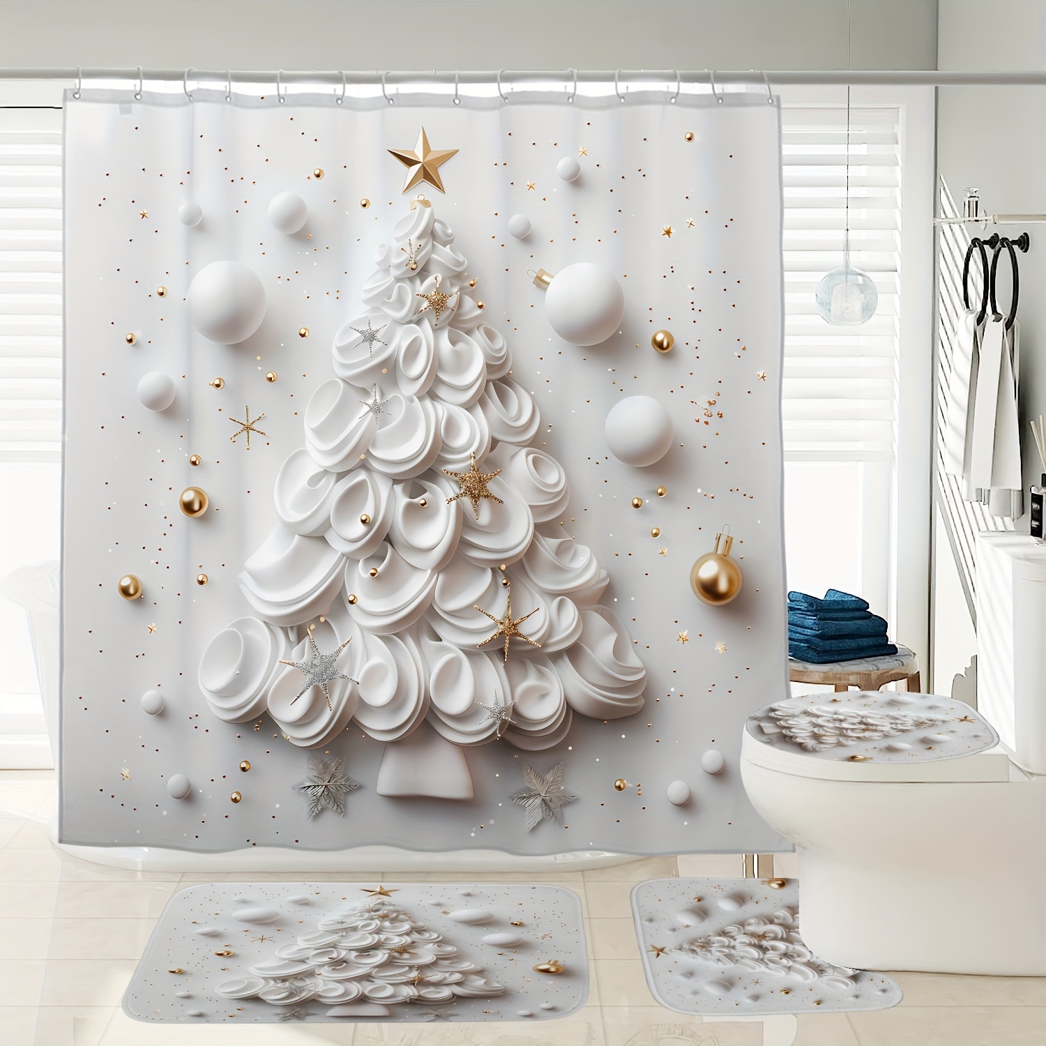 

1/4pcs Christmas Decoration , Pattern Printed Shower Curtain Bath Mat Set, Decoration Shower Curtain Carpet And Lid Polyester Cloth Shower Curtain 12 Plastic 180*180cm