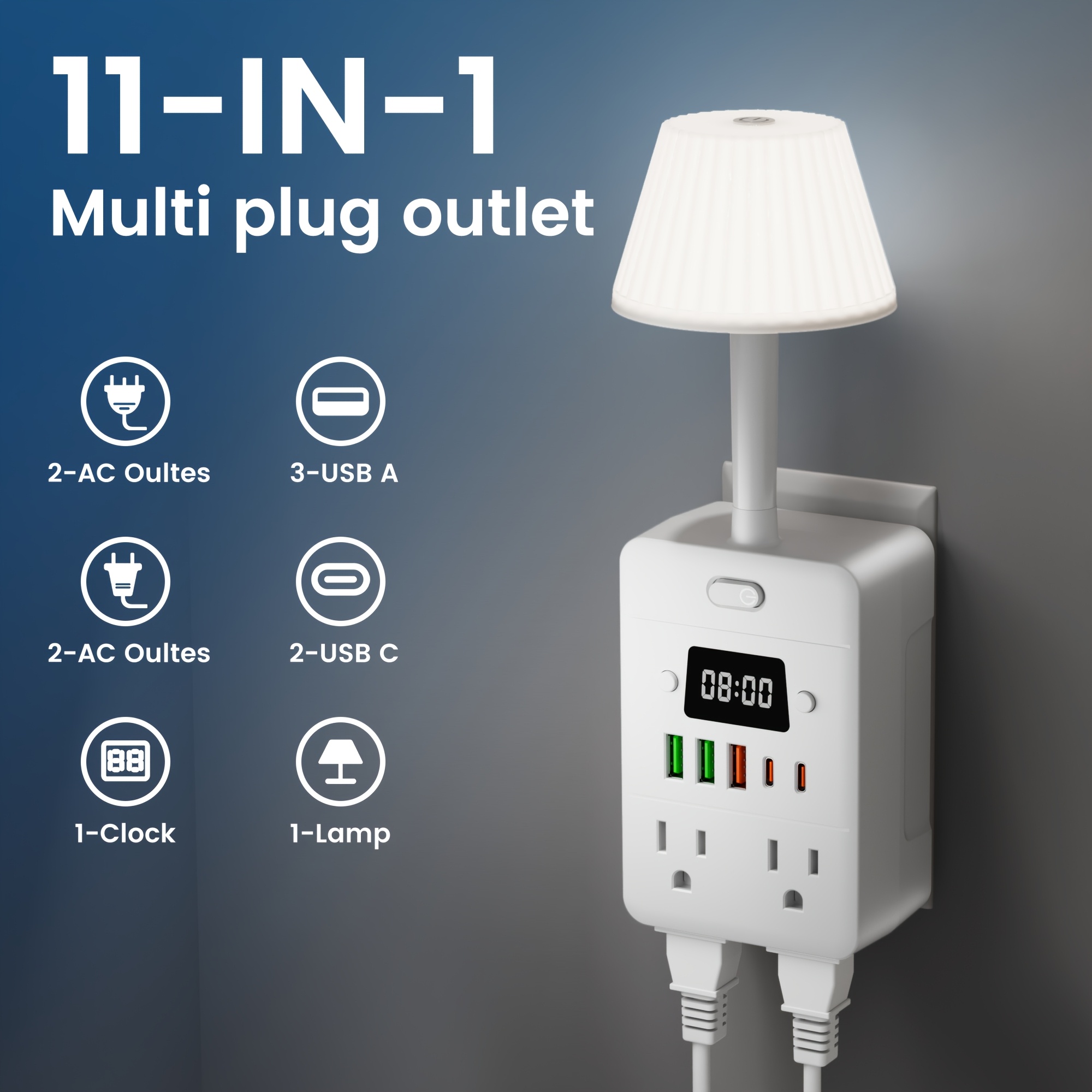 TEMU Multiprise Multifonction 11-en-1 avec contre les Surcharges : 1 Lampe de Bureau, 1 Horloge à Affichage Numérique, 4 Prises Électriques, 3 USB-A