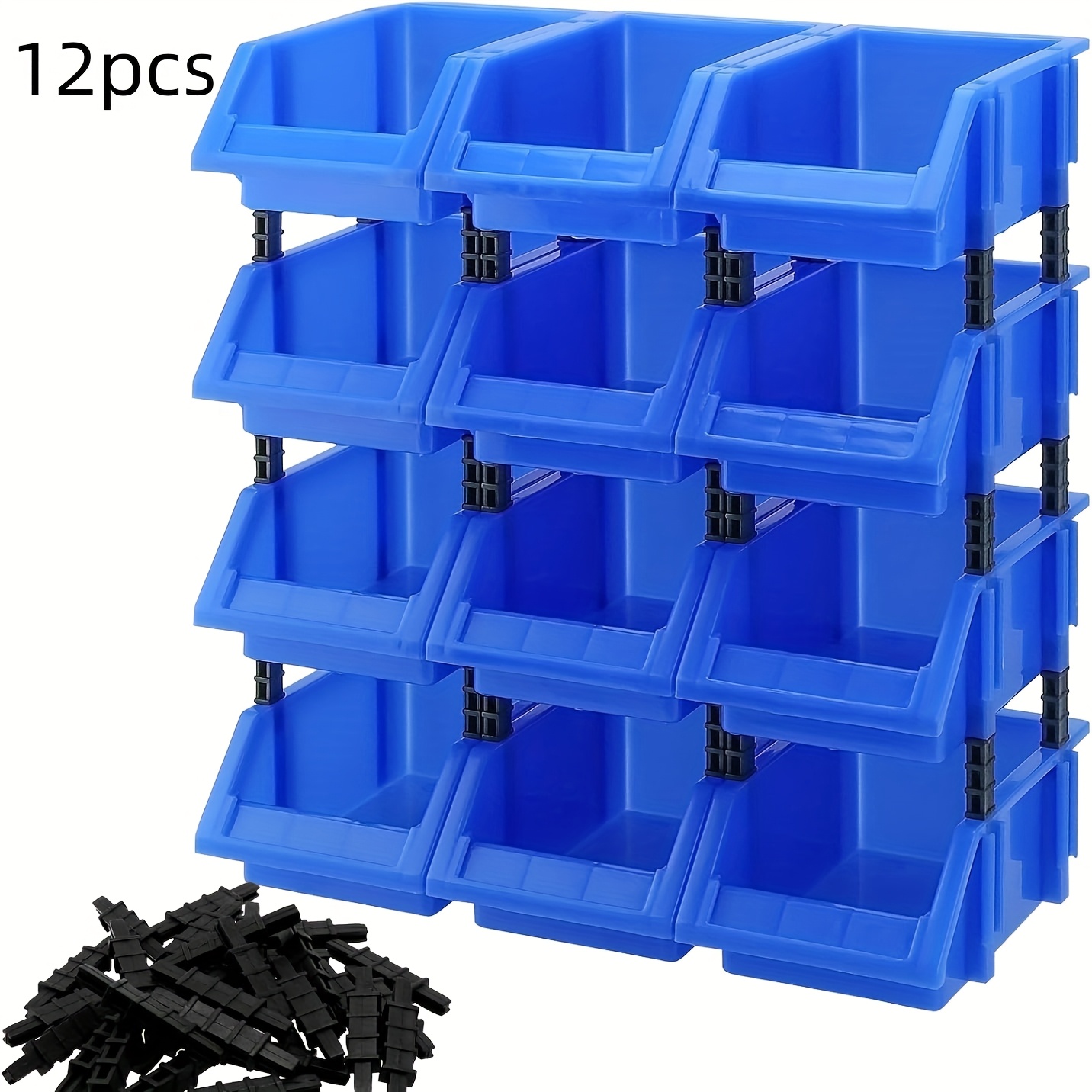 E-shop 12er Pack Blaue Garagen Werkzeugkiste, 7,09 Zoll x 4,27 Zoll x 3,15 Zoll Hängende Stapelbare Organizer-Boxen aus Kunststoff für Hardware,