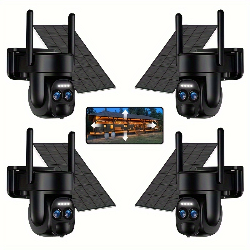 4pcs Solar Security Cameras Wireless Outdoor Battery Powered,355° Wireless Cameras For With Spotlight Siren, 2-way Talk,color Night Vision, Supports Cloud Storage, Optional Sd Card,black
