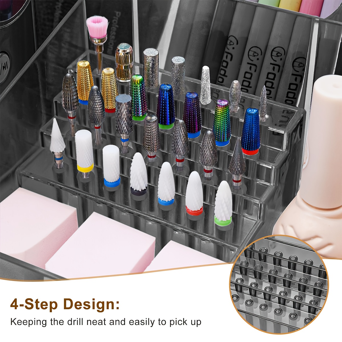   28 capacity professional manicure pedicure organizer with 3 compartments transparent drawers fixed compartments durable plastic bathroom storage box for nail art supplies makeup brushes beauty tools nail tech accessories   polished   Product details 2