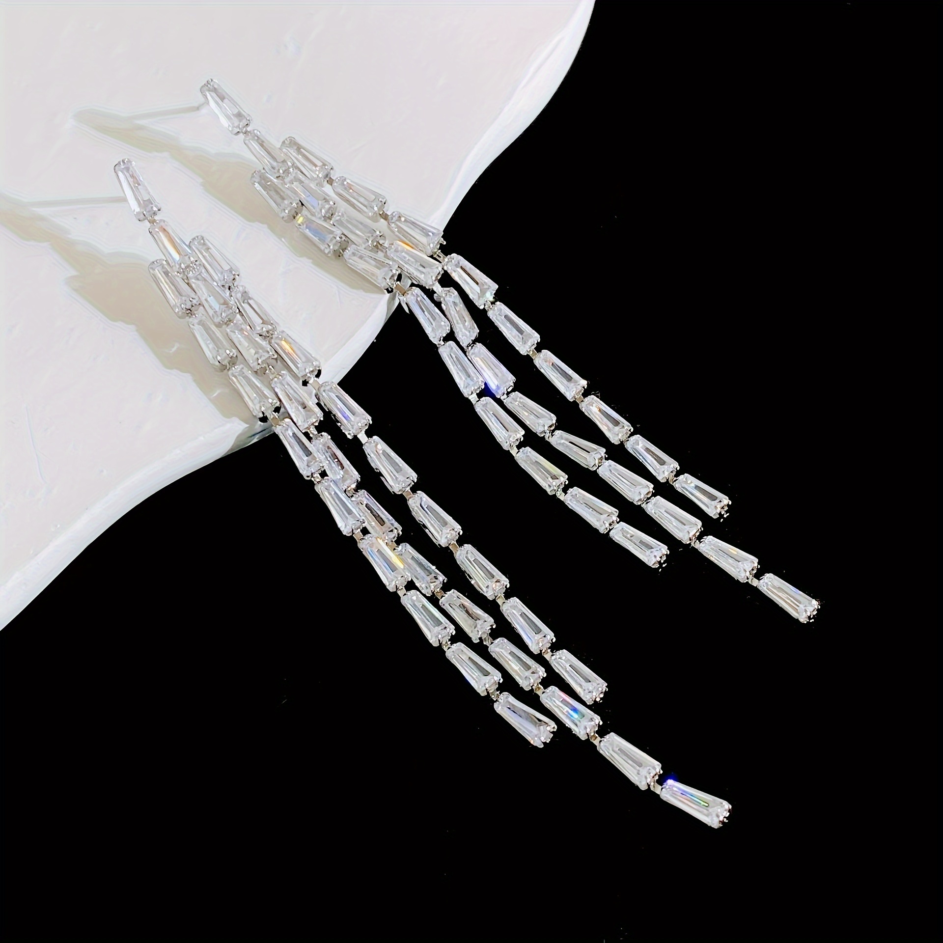 synthetic zirconia embedded exaggerated atmosphere high sensitive earrings wedding dinner dress matching earrings square chain long length flush sue earrings details 5