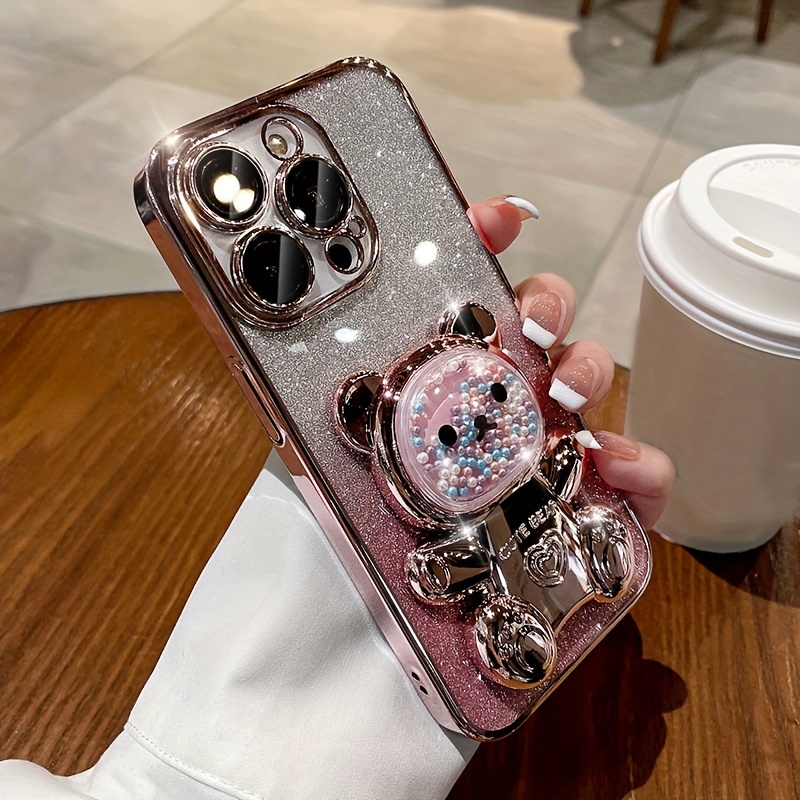 TEMU Phone Case - Luxurious Cute Colorful Bead Heart New Gradient Glitter Electroplated Transparent Protective Case ' Phone Case For Iphone 18 17 16