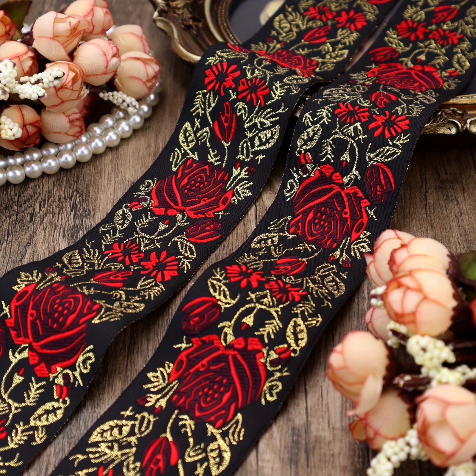 TEMU Vintage Floral Embroidered Ribbon Trim, Jacquard Ribbon, Black With Red Roses And, 5 Yards