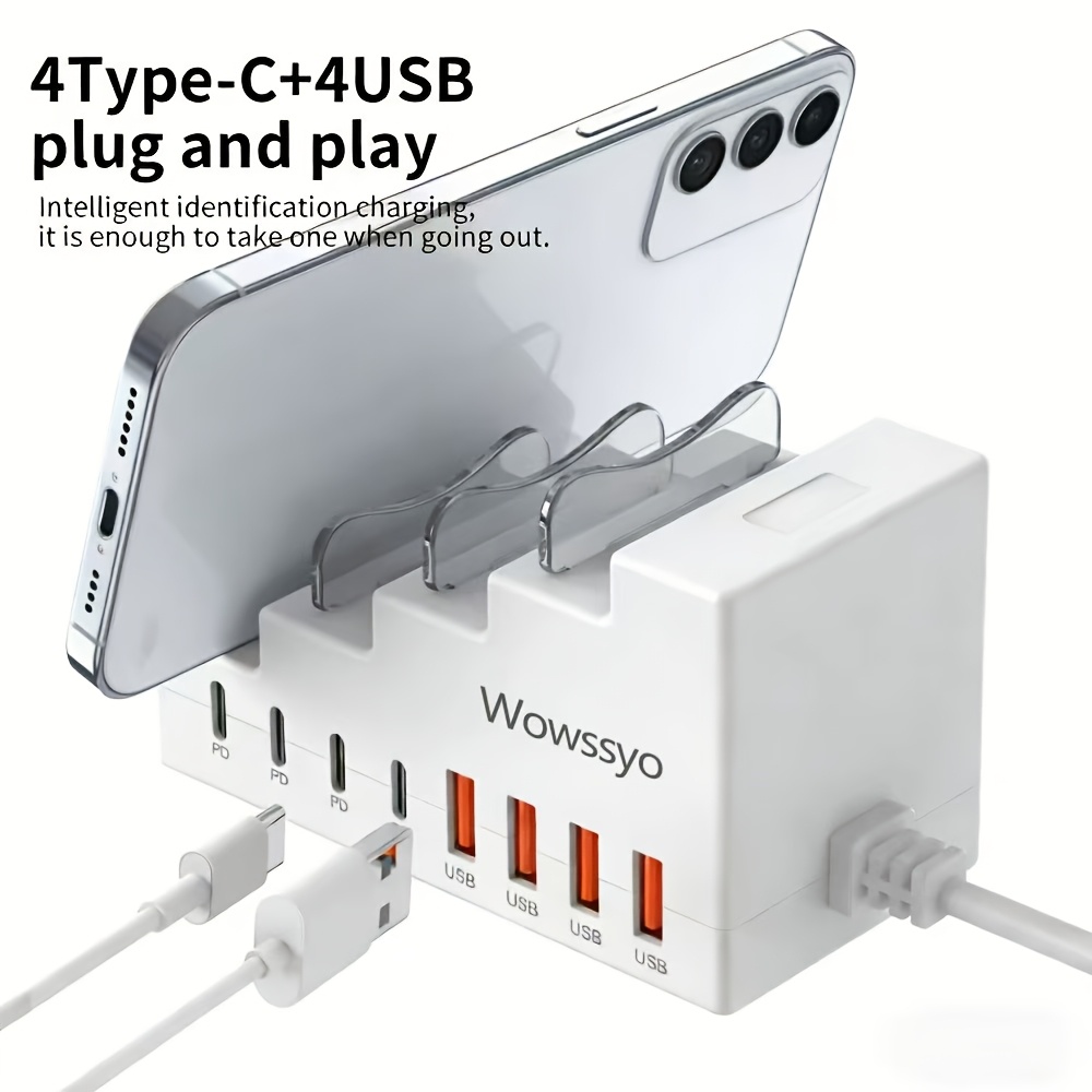   8 in 1 66w fast charging station featuring 4 usb ports 4 type c pd fast charging ports with phone holder desktop organizer supports fast charging via type c multi plug multi output sockets compatible with usb hubs usb adapters