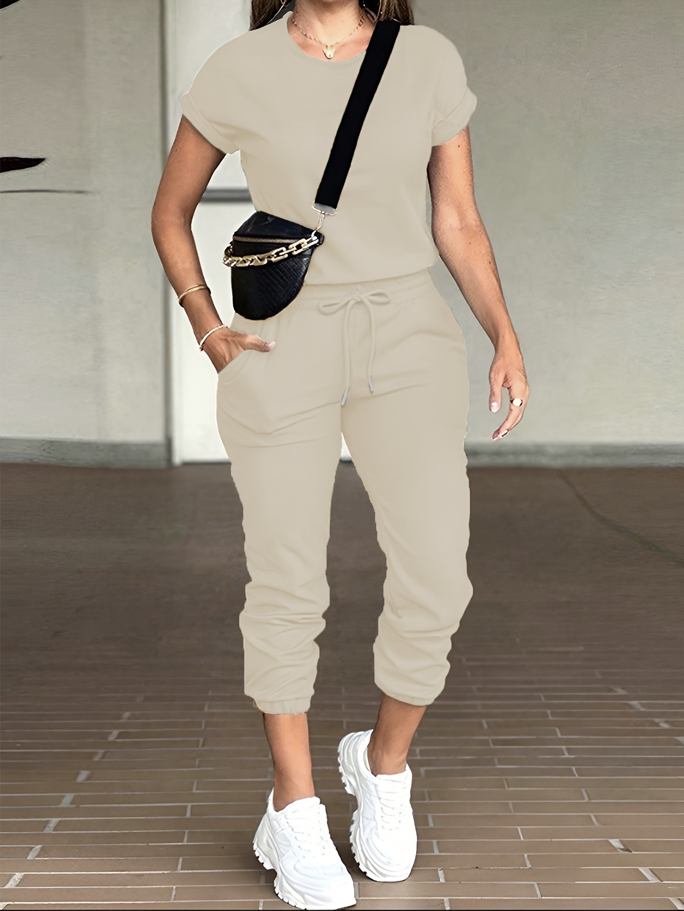 Fashionable Casual Autumn Slim-Fitting Versatile Round Neck Top And Pocket Overalls Set for Women