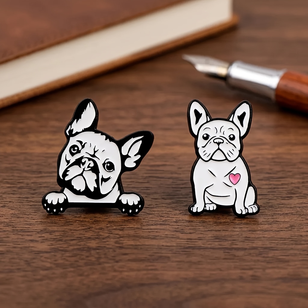 TEMU 2pcs Cartoon Animal Badges - French Bulldog Heart-shaped Design Brooch, Colorful Durable Pin, Suitable For Clothing, Bags, Hats, Cute Accessory