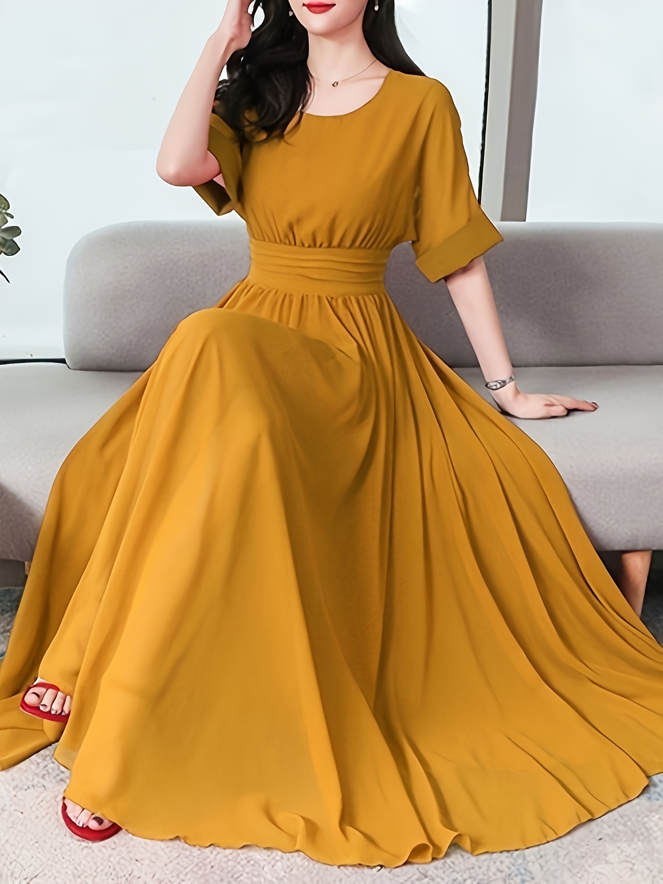 Vestido A-Line para Mujer con Abullonadas y Cintura Ceñida Cuello  Dobladillo Fruncido, Lavable a Máquina, Casual o