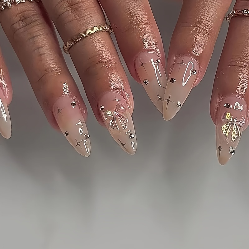 

Medium Almond Press On Nails, Bowknot Rhinestone Fake Nails,full Cover False Nails For Women And Girls Including Nail File And Jelly Glue