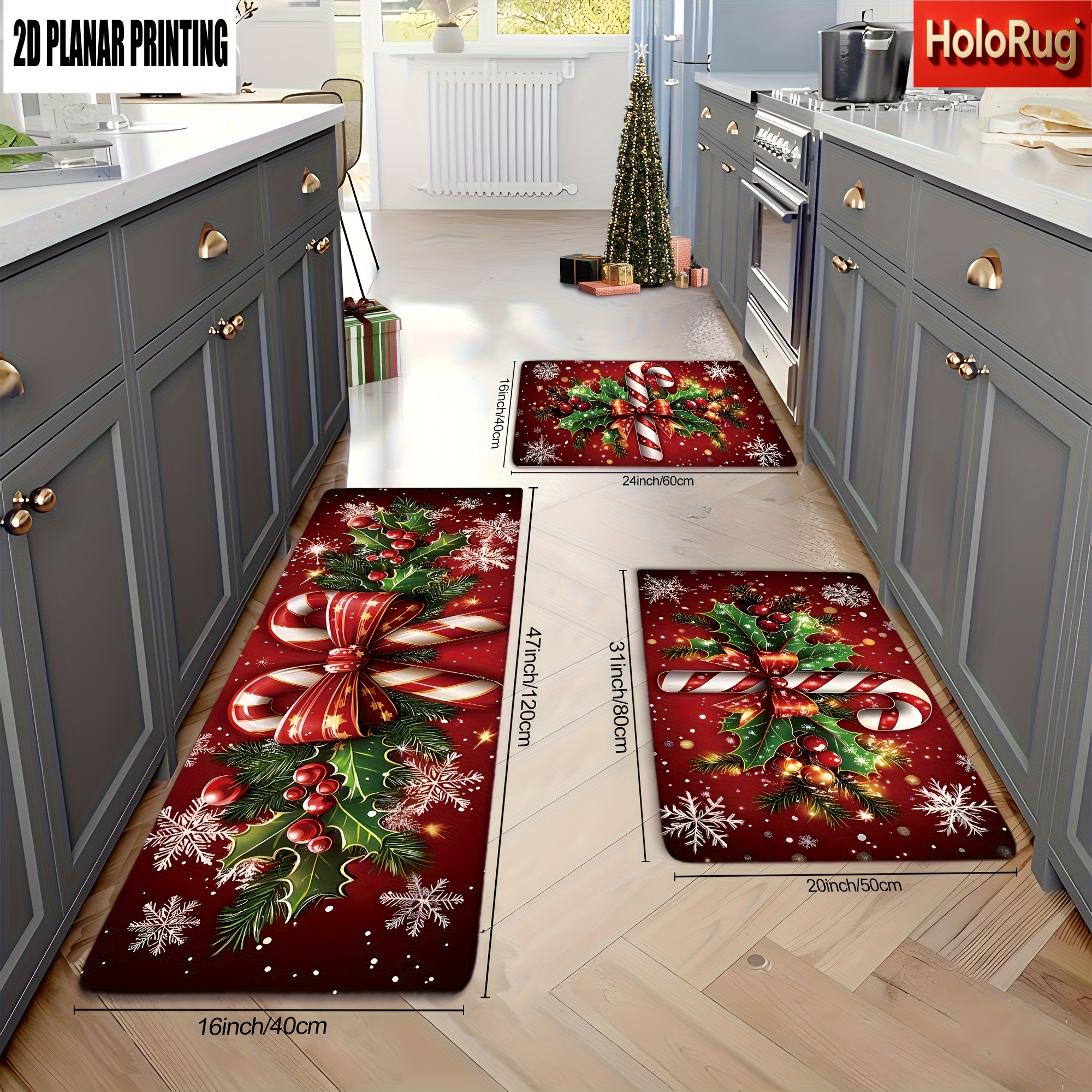 TEMU 2/3pcs Merry Christmas Winter Decor Candy Cane Holly Snowflake Kitchen Rug, Luxurious And Foam Kitchen Mat, Easy To Clean Kitchen Mat For