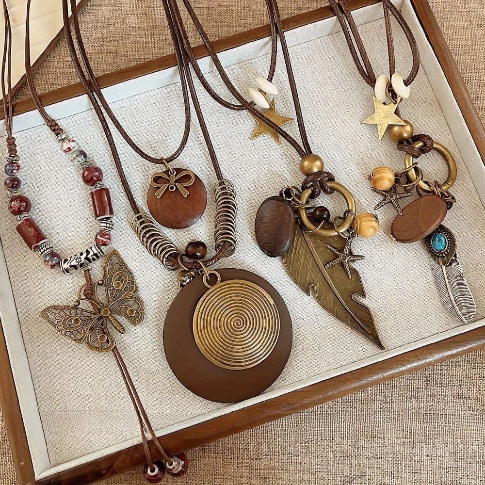 TEMU 4pcs Bohemian Vintage Women's Necklace Set - Layered Cord Necklaces With Feather, , Star & , Beads - Jewelry For Daily Wear, Parties, Gift (no