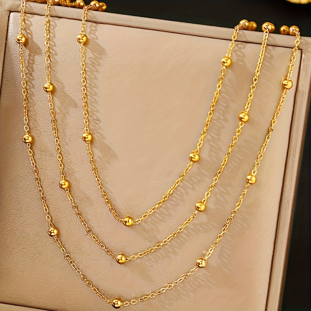 TEMU Collier Élégant en Acier Inoxydable à Trois Couches - Collier Chaîne de O avec Perles Dorées, Collier Clavicule Haut de Gamme Épaisseur de Luxe