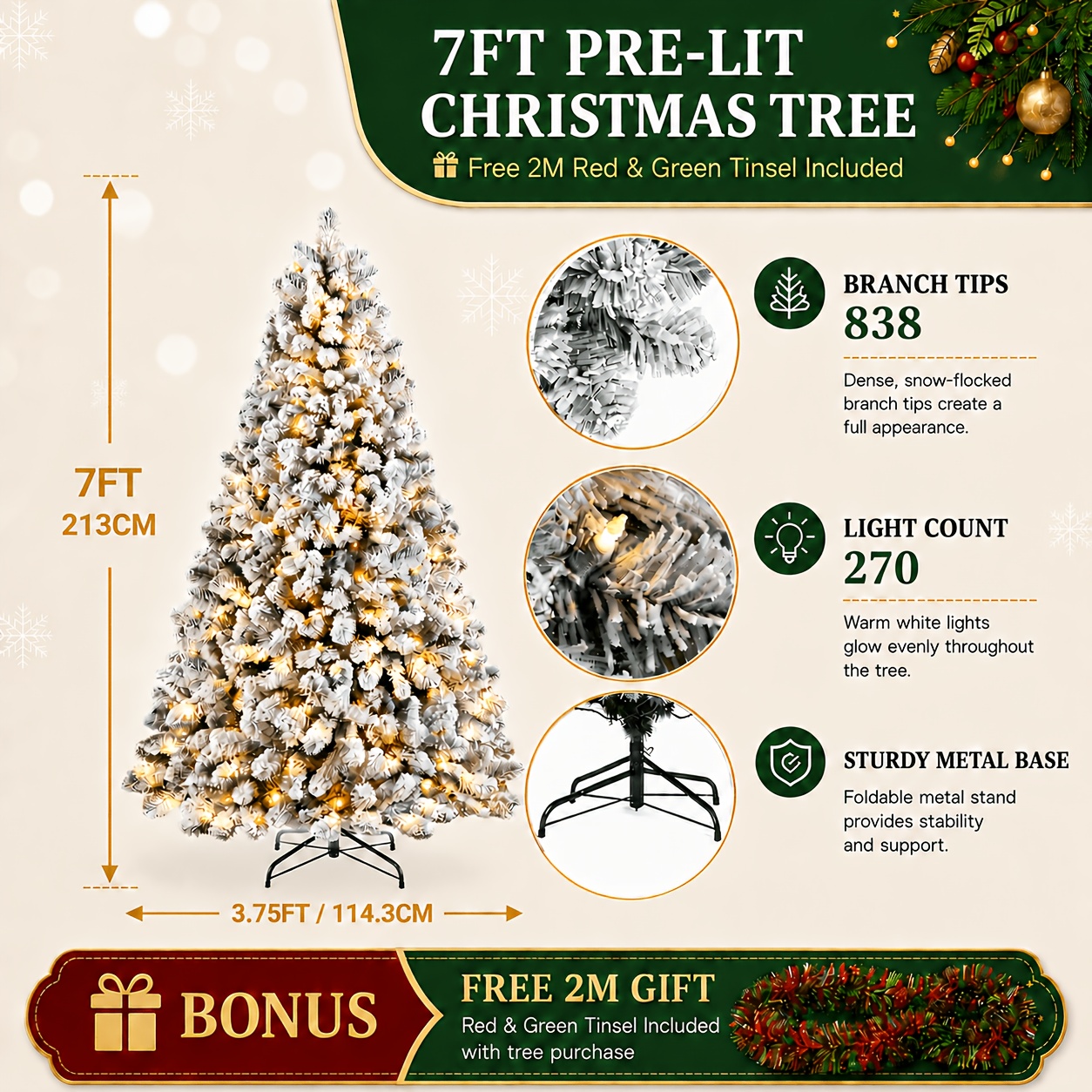 TEMU 4.5/5.5/6.5/7/7.5ft Snow Flocked Artificial Christmas Tree With Incandescent Warm White Lights, Sturdy Metal Hinges & Collapsible Base, Easy