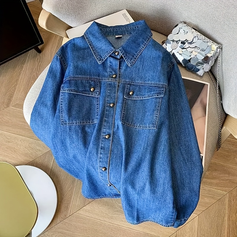 Women's Vintage Western Denim Jacket Collar Longline Button-Front Coat  with Chest Pocket Non-Stretch Shirt for Casual Semi-Formal Wear