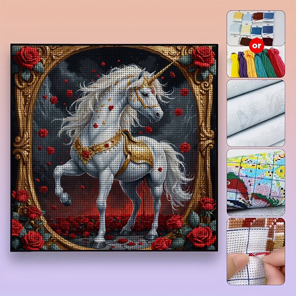 Cross Stitch Printed Kit, Frameless, "Golden Frame Unicorn Rose" Pattern