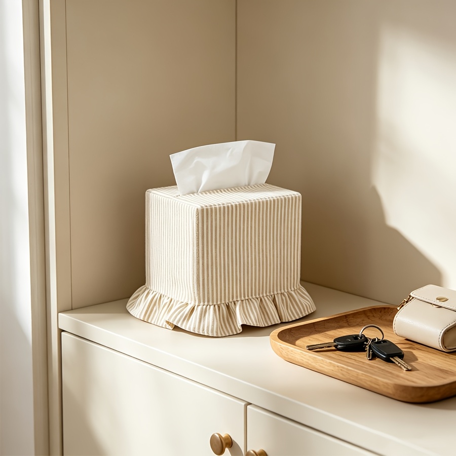 TEMU 1pc Striped Fabric Napkin Box Lid, Summer Theme Square Tissue Style Decorative Cover, Suitable For Home Bedroom Bathroom Kitchen Office Indoor