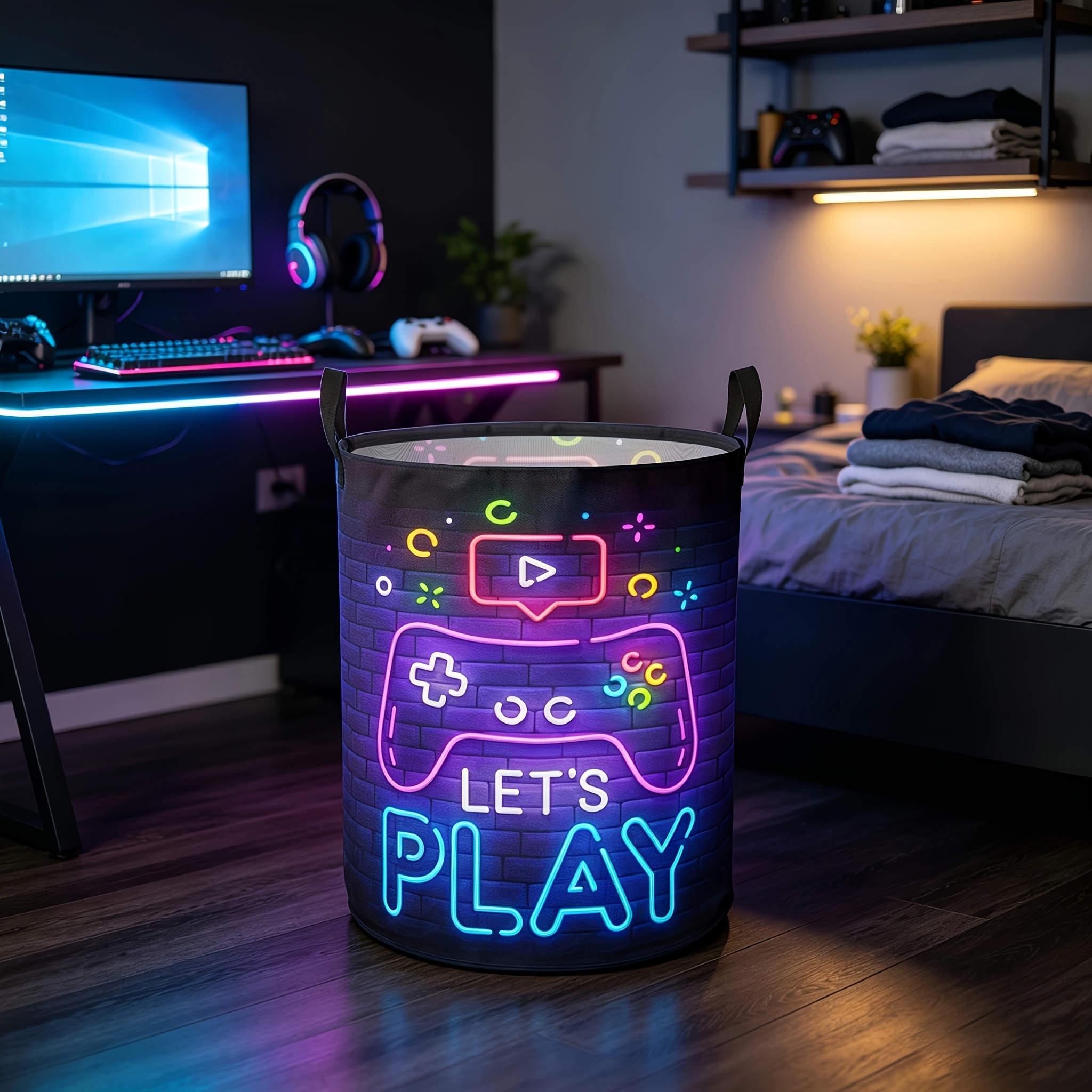 TEMU 1pc Neon Game Controller Laundry Basket With Handle - Large Foldable Storage Hamper Suitable For Clothes &, With Game-themed Print, Basket For,