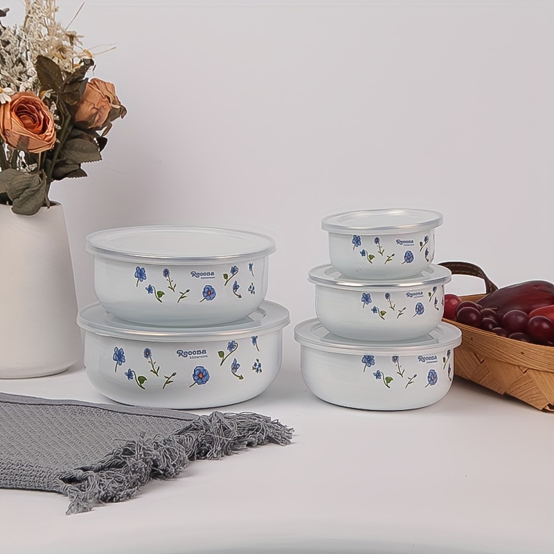 5 piezas de juego de ensaladera de esmalte con delicado diseño floral de fresa/azul, recipientes de almacenamiento de alimentos, utensilios de cocina duraderos, uso doméstico y de picnic